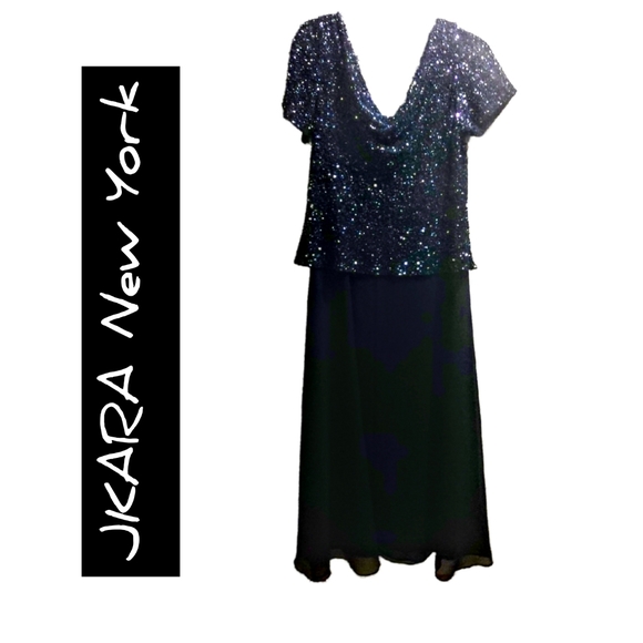 HOST PICK 2/1. Posh Party. J. Kara Chiffon Beaded Blue Gown - Picture 1 of 4